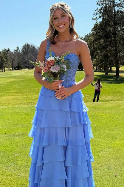 One Shoulder A-Line Empire-Waist Layered Chiffon Prom Dress