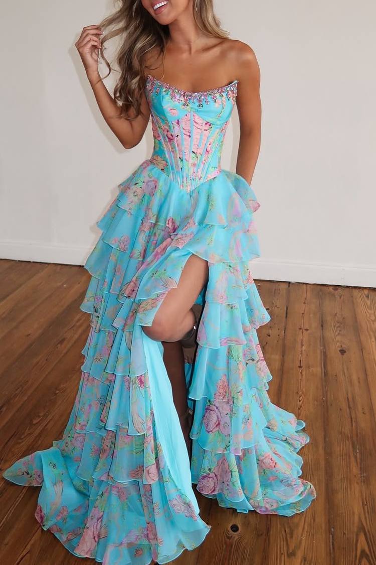 Stunning A-Line Strapless Print Ruffles Sleeveless Long Prom Dress