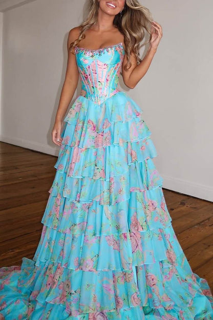 Stunning A-Line Strapless Print Ruffles Sleeveless Long Prom Dress