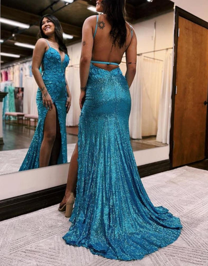 Miracle |Mermaid V Neck Sequins Prom Dress with Slit