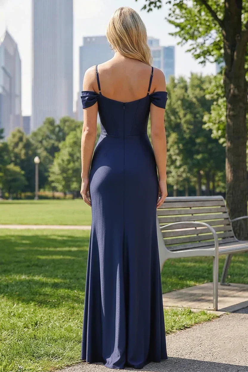 Mermaid Off-the-Shoulder Satin Floor-Length Prom Dress with Pleated Split | Sevoba