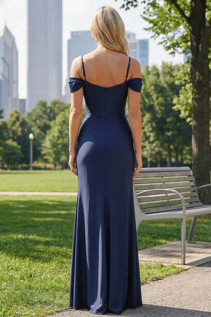 Mermaid Off-the-Shoulder Satin Floor-Length Prom Dress with Pleated Split | Sevoba
