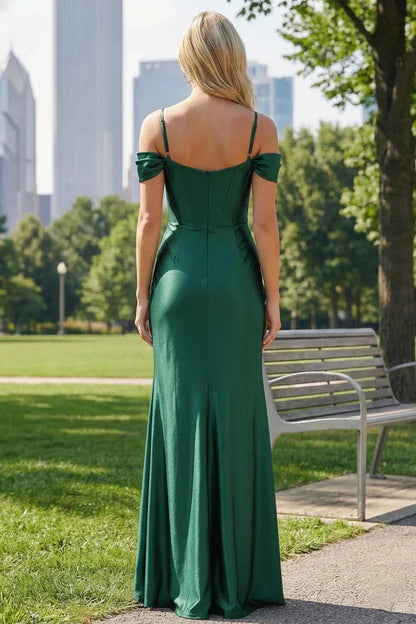 Mermaid Off-the-Shoulder Satin Floor-Length Prom Dress with Pleated Split | Sevoba