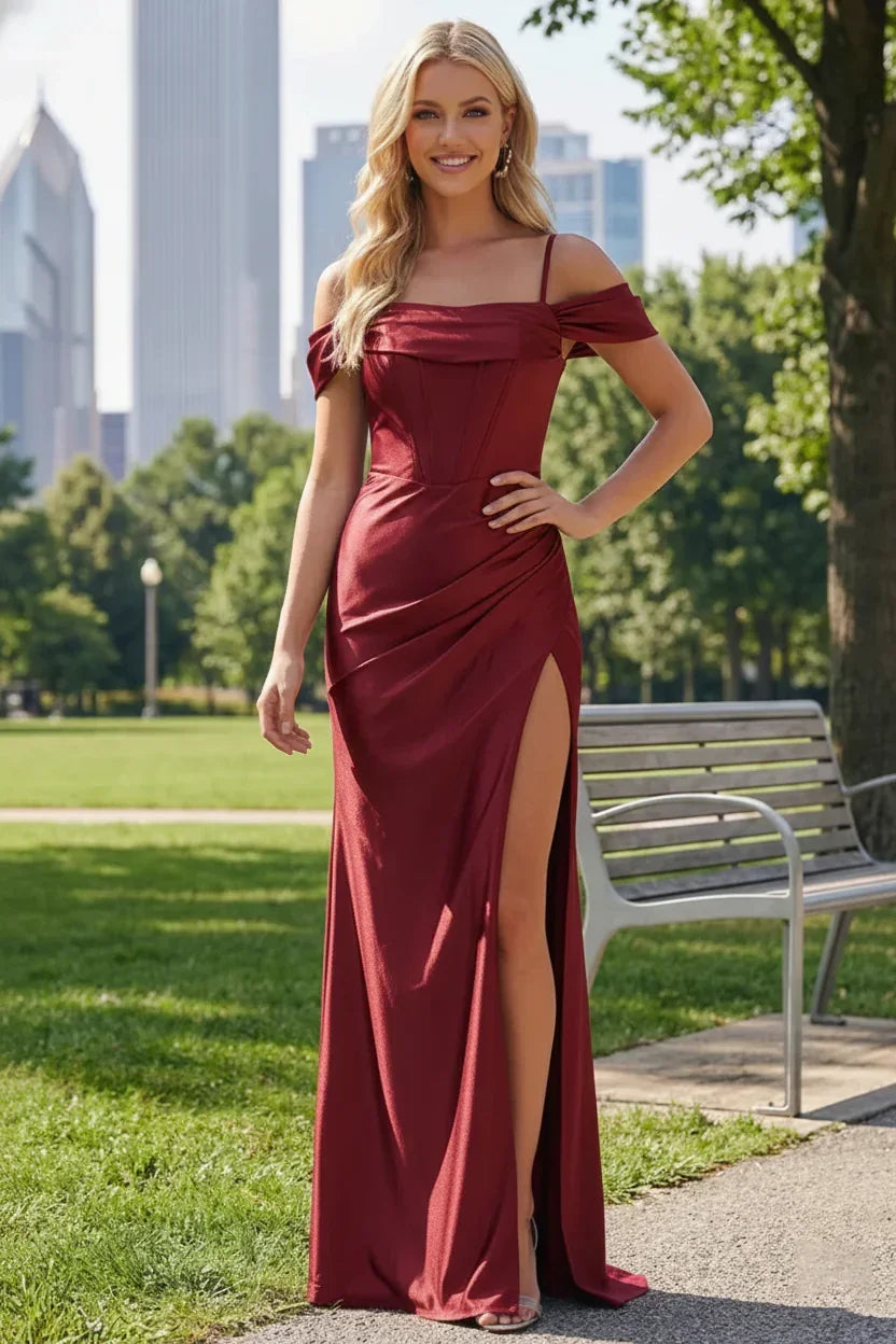 Mermaid Off-the-Shoulder Satin Floor-Length Prom Dress with Pleated Split | Sevoba