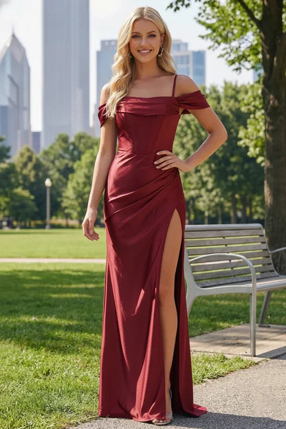 Mermaid Off-the-Shoulder Satin Floor-Length Prom Dress with Pleated Split | Sevoba