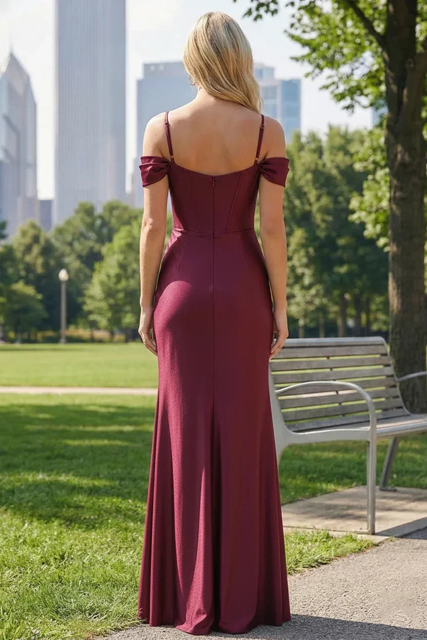 Mermaid Off-the-Shoulder Satin Floor-Length Prom Dress with Pleated Split | Sevoba