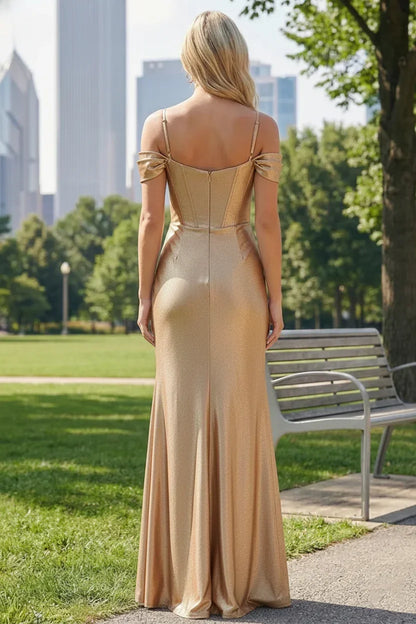 Mermaid Off-the-Shoulder Satin Floor-Length Prom Dress with Pleated Split | Sevoba