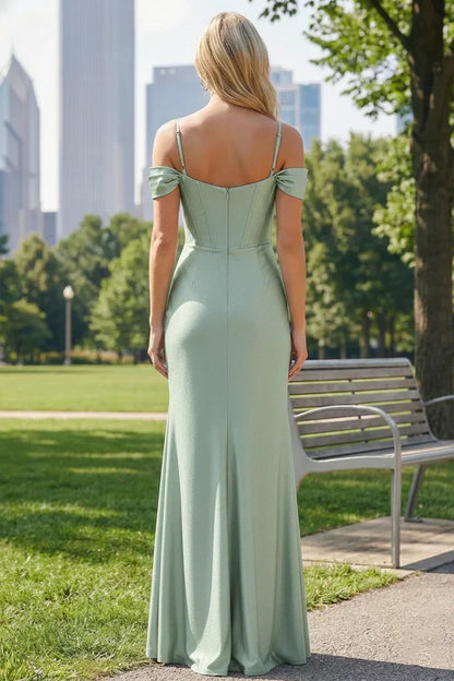 Mermaid Off-the-Shoulder Satin Floor-Length Prom Dress with Pleated Split | Sevoba