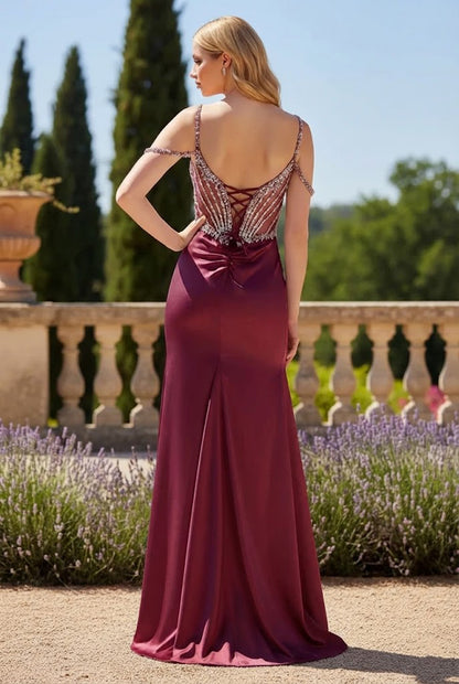 Mermaid Prom Dress with Beaded Corset Bodice and Slit | Sevoba