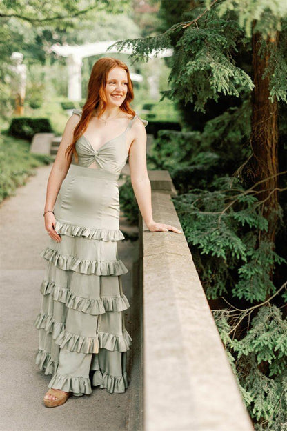 Melssa | Knotted Sage Ruffles Mermaid Tiedred Maxi Dress