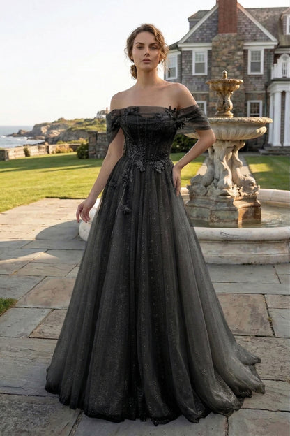 Off-the-Shoulder 3D Floral Glitter Tulle Ball Gown Prom Dress with Corset Back | Sevoba