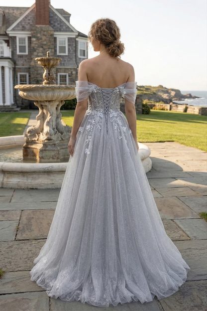 Off-the-Shoulder 3D Floral Glitter Tulle Ball Gown Prom Dress with Corset Back | Sevoba