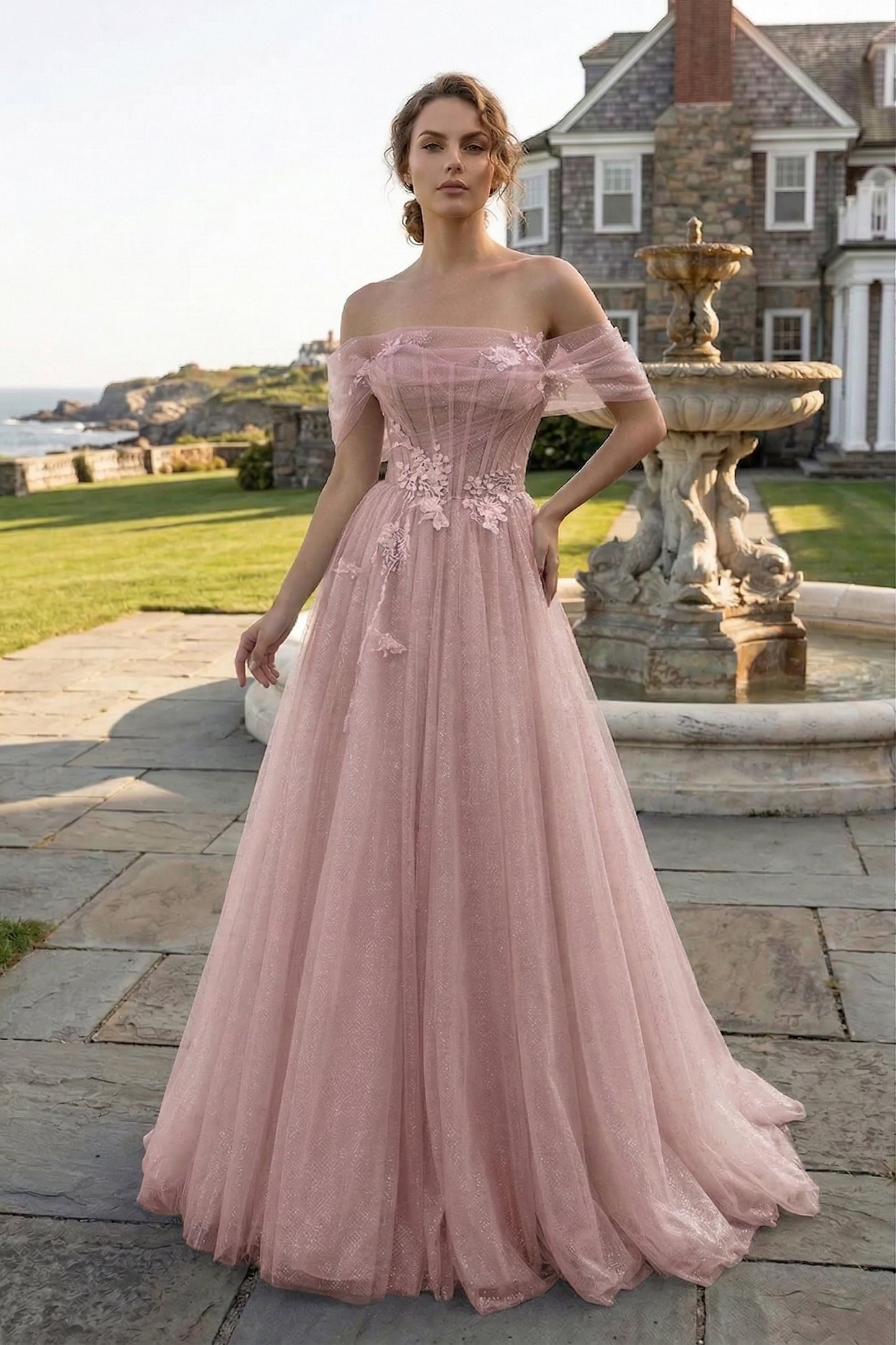Off-the-Shoulder 3D Floral Glitter Tulle Ball Gown Prom Dress with Corset Back | Sevoba