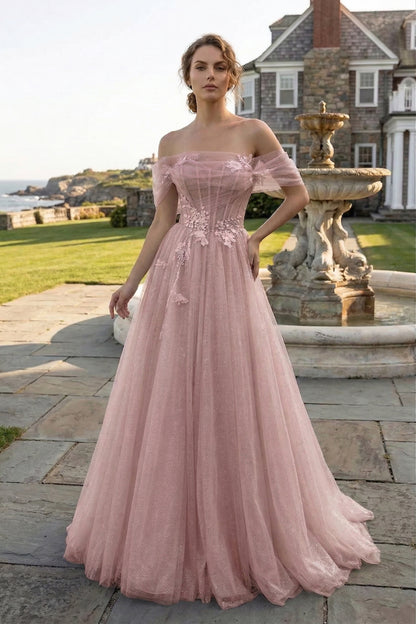 Off-the-Shoulder 3D Floral Glitter Tulle Ball Gown Prom Dress with Corset Back | Sevoba