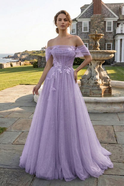 Off-the-Shoulder 3D Floral Glitter Tulle Ball Gown Prom Dress with Corset Back | Sevoba