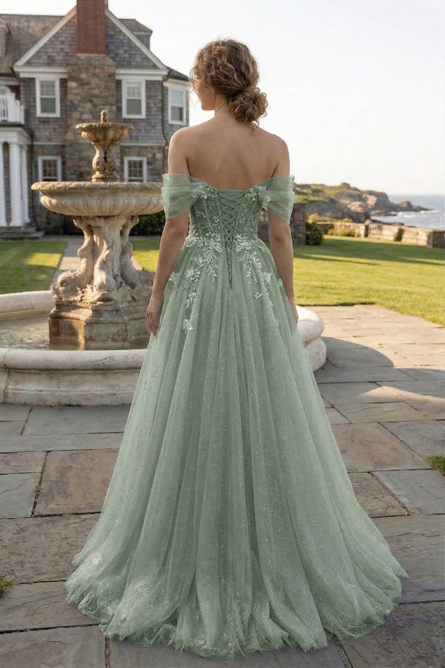 Off-the-Shoulder 3D Floral Glitter Tulle Ball Gown Prom Dress with Corset Back | Sevoba