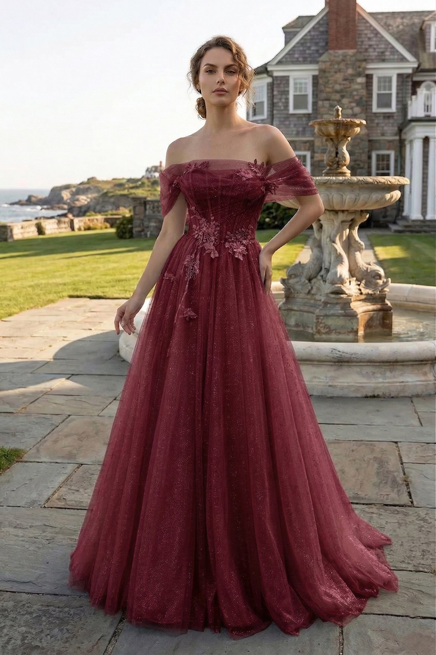 Off-the-Shoulder 3D Floral Glitter Tulle Ball Gown Prom Dress with Corset Back | Sevoba