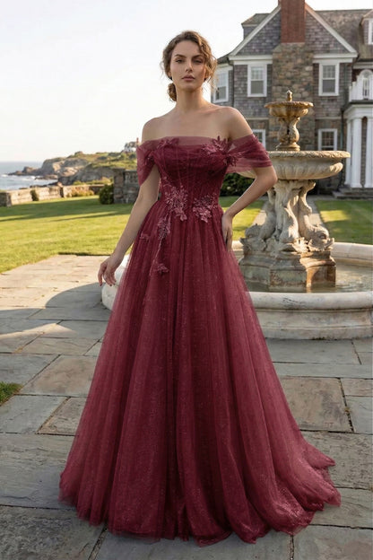 Off-the-Shoulder 3D Floral Glitter Tulle Ball Gown Prom Dress with Corset Back | Sevoba