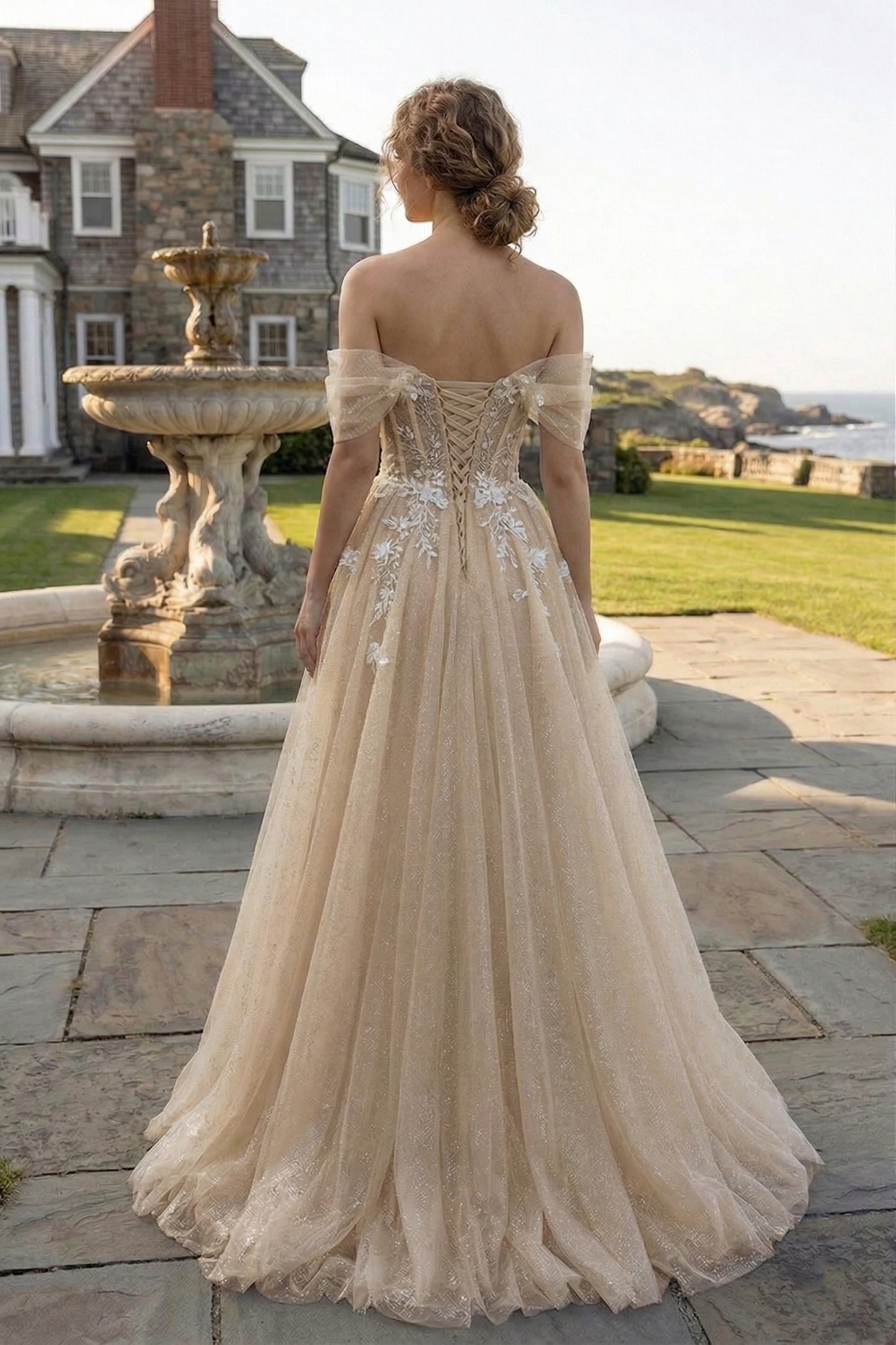 Off-the-Shoulder 3D Floral Glitter Tulle Ball Gown Prom Dress with Corset Back | Sevoba