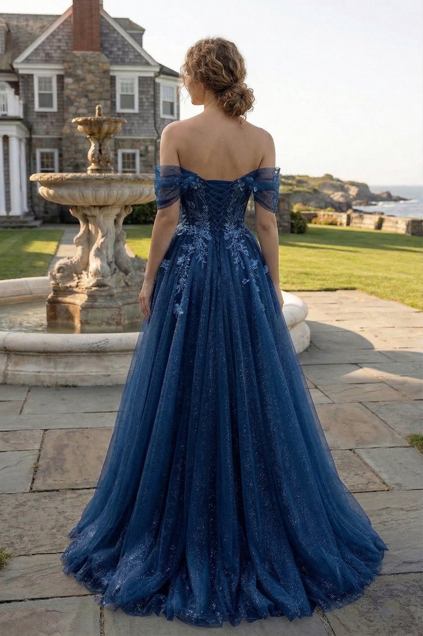 Off-the-Shoulder 3D Floral Glitter Tulle Ball Gown Prom Dress with Corset Back | Sevoba