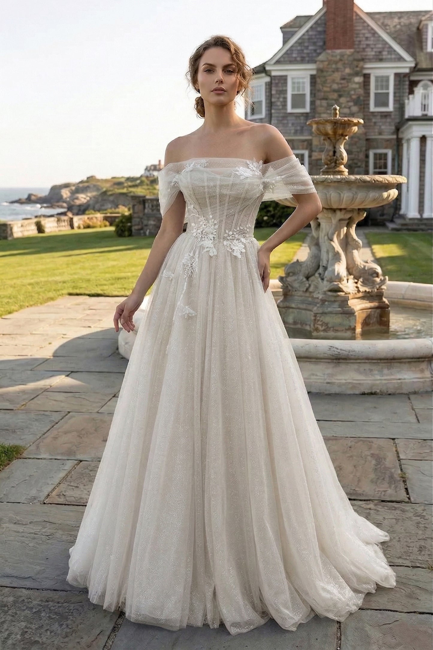 Off-the-Shoulder 3D Floral Glitter Tulle Ball Gown Prom Dress with Corset Back | Sevoba