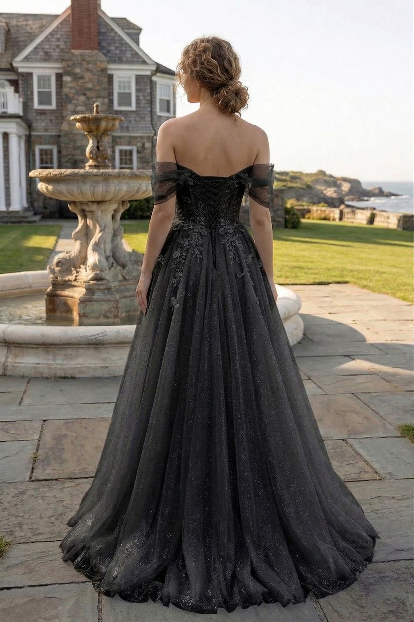 Off-the-Shoulder 3D Floral Glitter Tulle Ball Gown Prom Dress with Corset Back | Sevoba