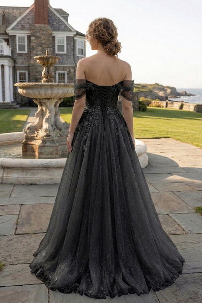Off-the-Shoulder 3D Floral Glitter Tulle Ball Gown Prom Dress with Corset Back | Sevoba