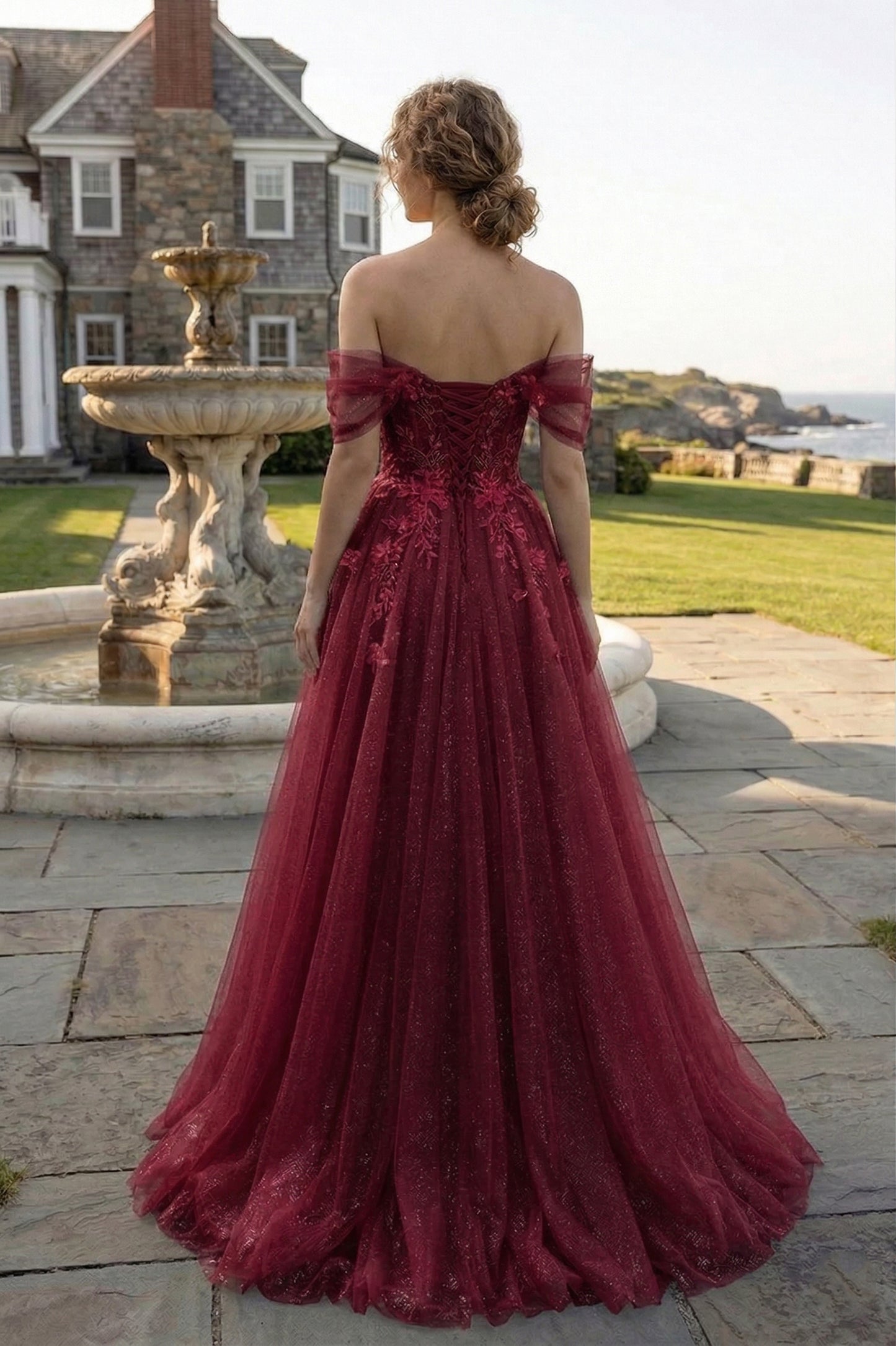 Off-the-Shoulder 3D Floral Glitter Tulle Ball Gown Prom Dress with Corset Back | Sevoba