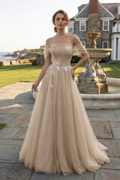 Off-the-Shoulder 3D Floral Glitter Tulle Ball Gown Prom Dress with Corset Back | Sevoba