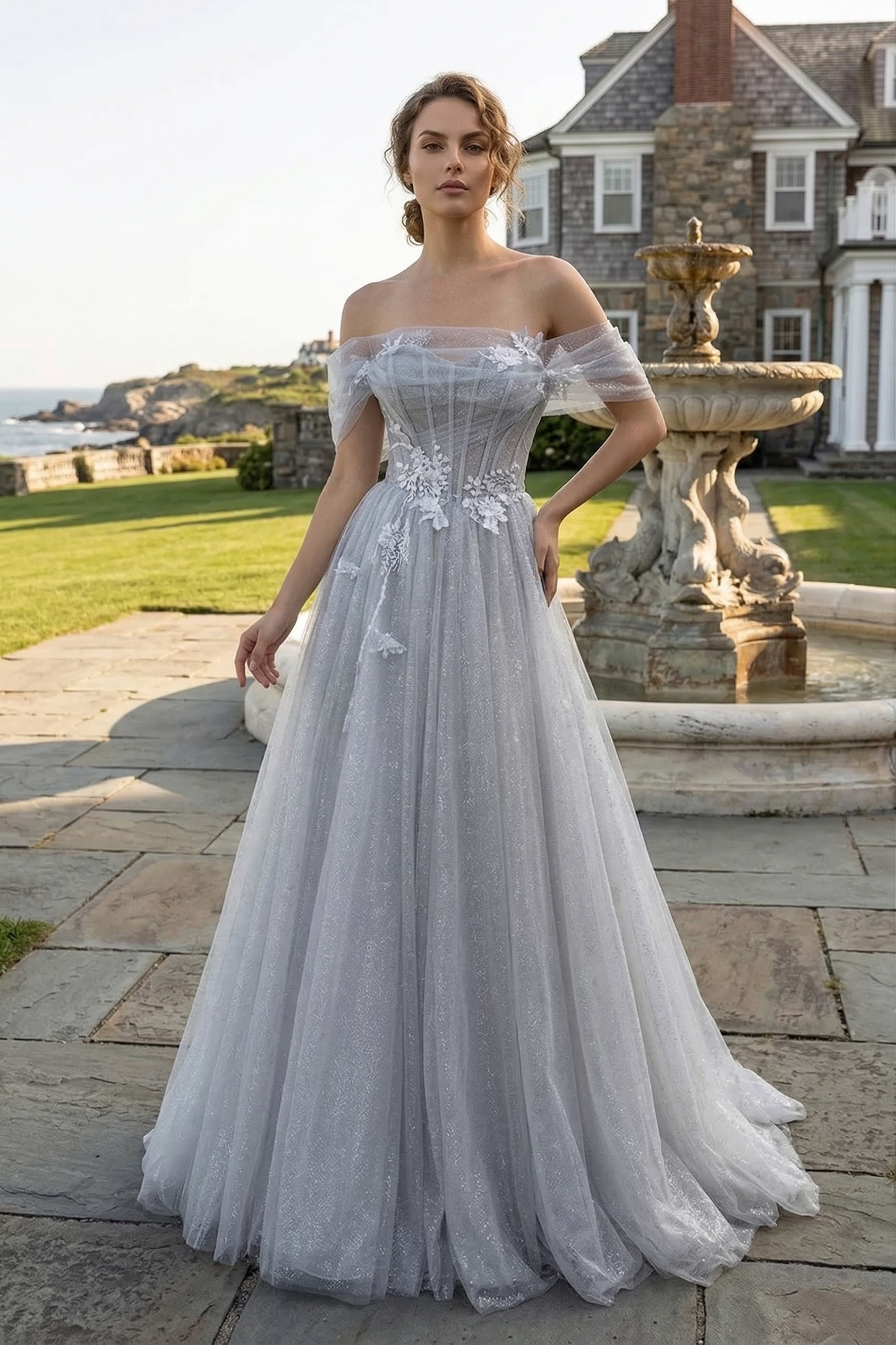 Off-the-Shoulder 3D Floral Glitter Tulle Ball Gown Prom Dress with Corset Back | Sevoba