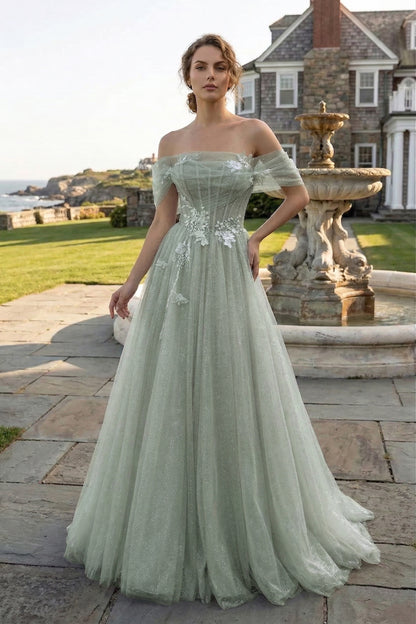 Off-the-Shoulder 3D Floral Glitter Tulle Ball Gown Prom Dress with Corset Back | Sevoba