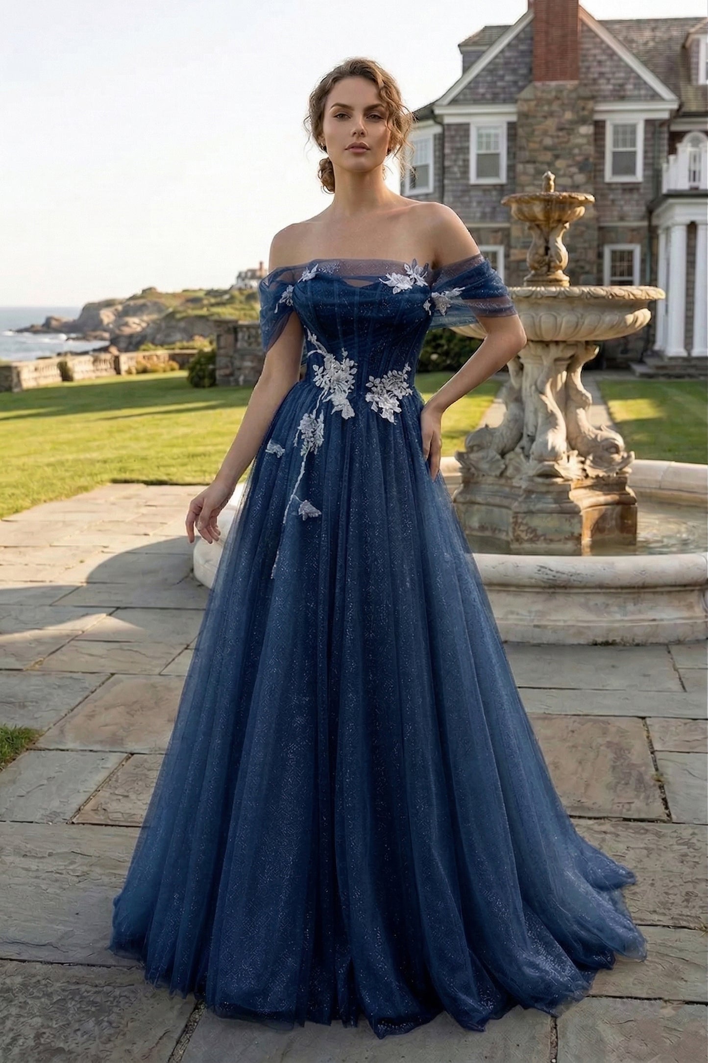 Off-the-Shoulder 3D Floral Glitter Tulle Ball Gown Prom Dress with Corset Back | Sevoba