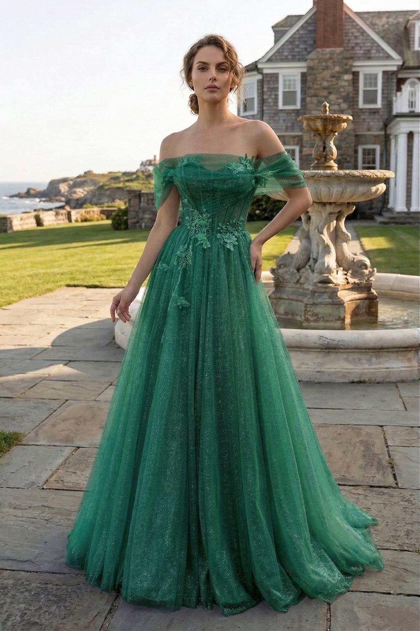 Off-the-Shoulder 3D Floral Glitter Tulle Ball Gown Prom Dress with Corset Back | Sevoba