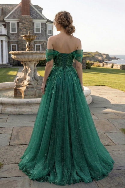 Off-the-Shoulder 3D Floral Glitter Tulle Ball Gown Prom Dress with Corset Back | Sevoba