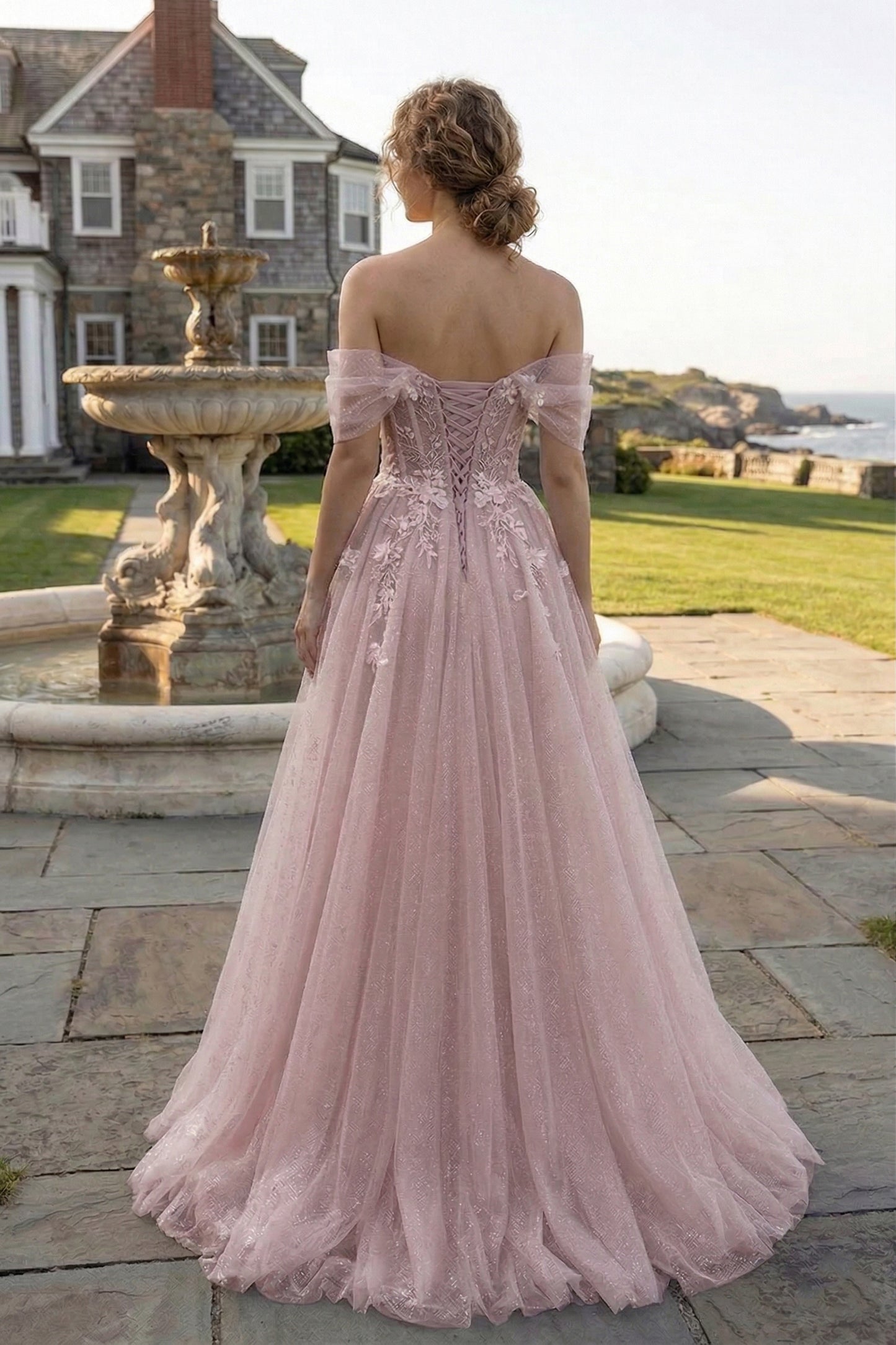 Off-the-Shoulder 3D Floral Glitter Tulle Ball Gown Prom Dress with Corset Back | Sevoba