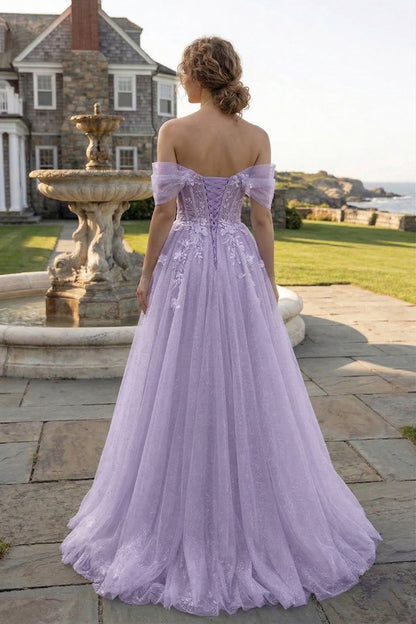 Off-the-Shoulder 3D Floral Glitter Tulle Ball Gown Prom Dress with Corset Back | Sevoba