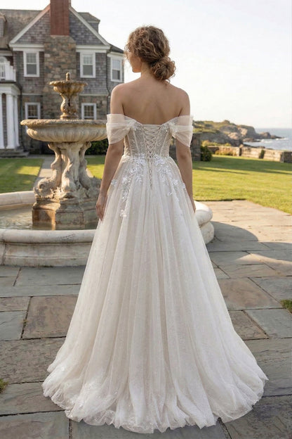 Off-the-Shoulder 3D Floral Glitter Tulle Ball Gown Prom Dress with Corset Back | Sevoba