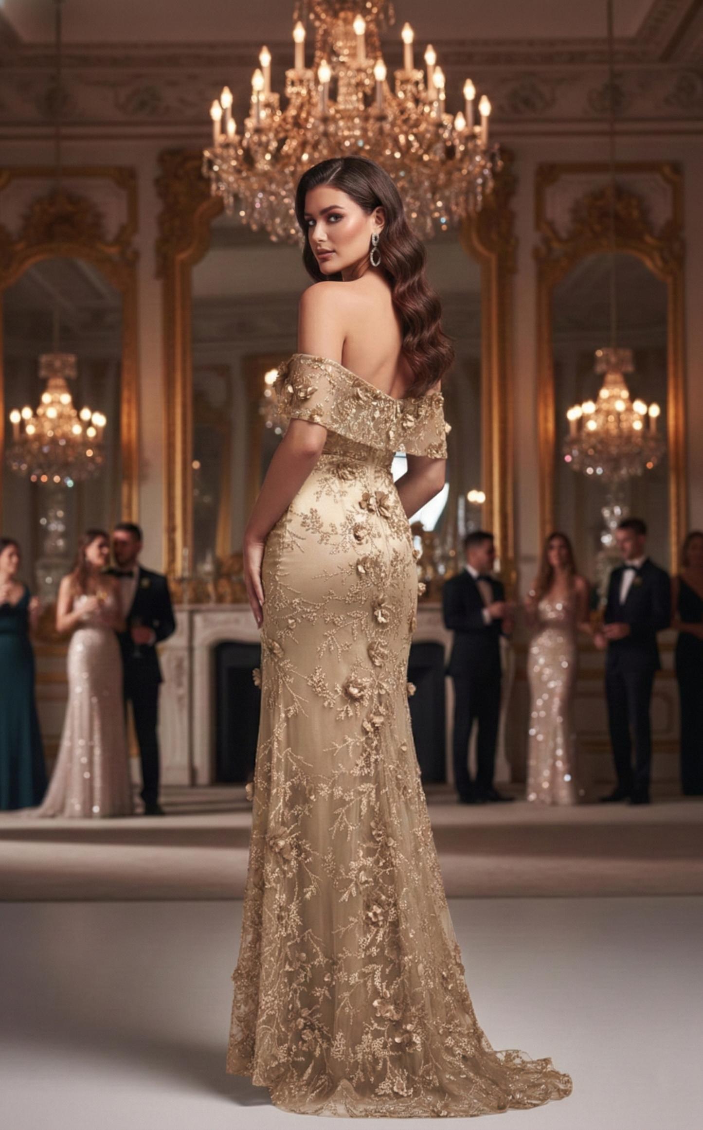 Off-the-Shoulder 3D Floral Lace Mermaid Prom Dress with Slit | Sevoba