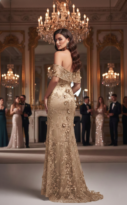 Off-the-Shoulder 3D Floral Lace Mermaid Prom Dress with Slit | Sevoba