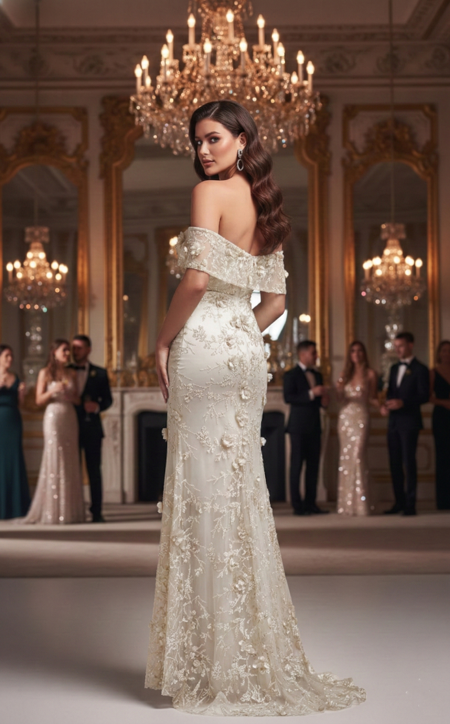 Off-the-Shoulder 3D Floral Lace Mermaid Prom Dress with Slit | Sevoba