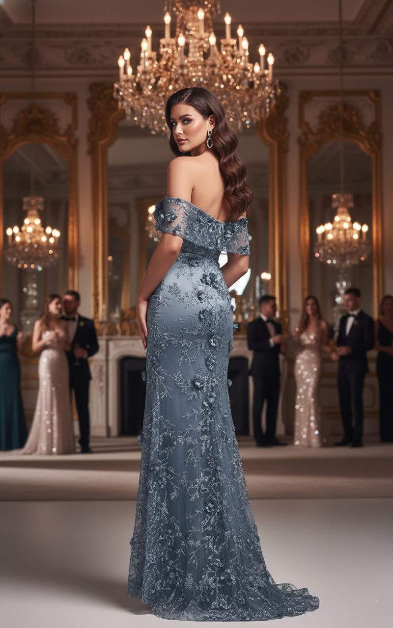 Off-the-Shoulder 3D Floral Lace Mermaid Prom Dress with Slit | Sevoba