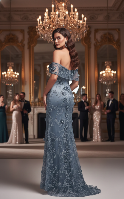 Off-the-Shoulder 3D Floral Lace Mermaid Prom Dress with Slit | Sevoba