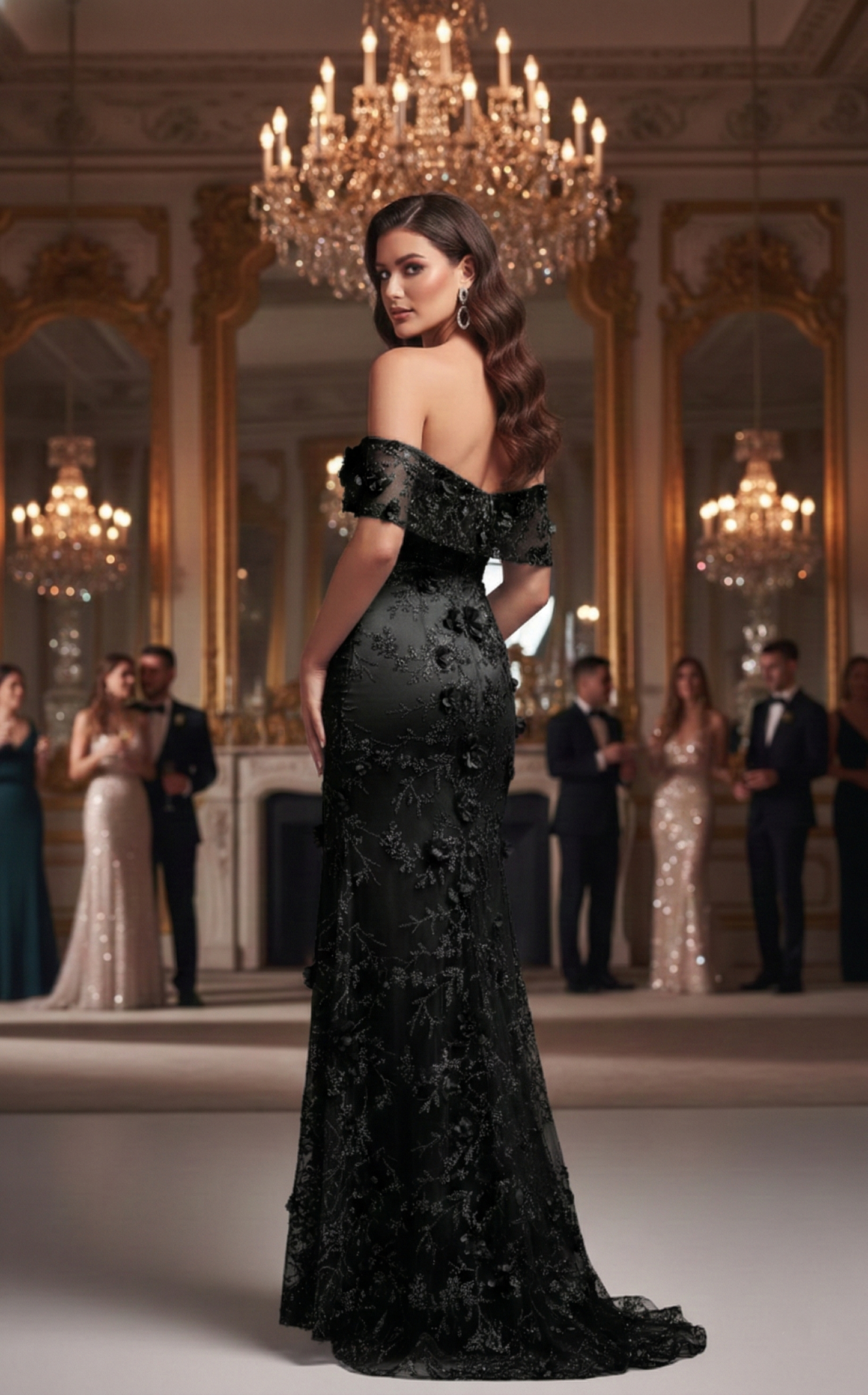Off-the-Shoulder 3D Floral Lace Mermaid Prom Dress with Slit | Sevoba