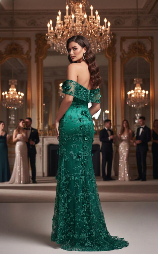 Off-the-Shoulder 3D Floral Lace Mermaid Prom Dress with Slit | Sevoba