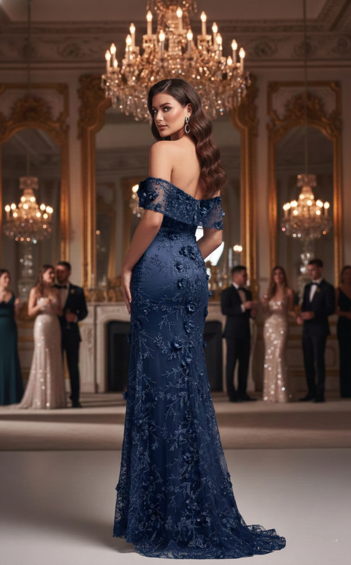 Off-the-Shoulder 3D Floral Lace Mermaid Prom Dress with Slit | Sevoba