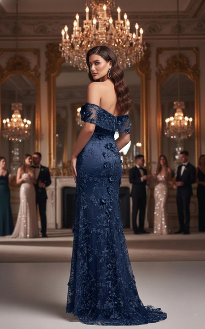 Off-the-Shoulder 3D Floral Lace Mermaid Prom Dress with Slit | Sevoba