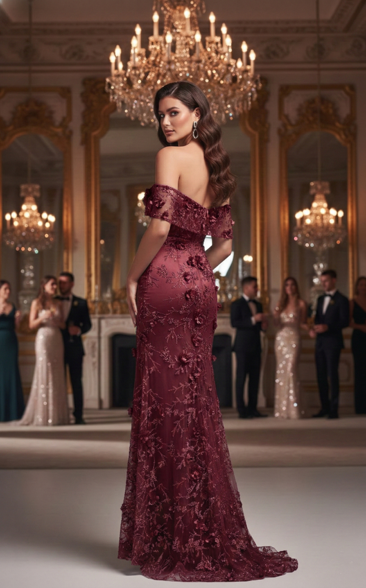 Off-the-Shoulder 3D Floral Lace Mermaid Prom Dress with Slit | Sevoba