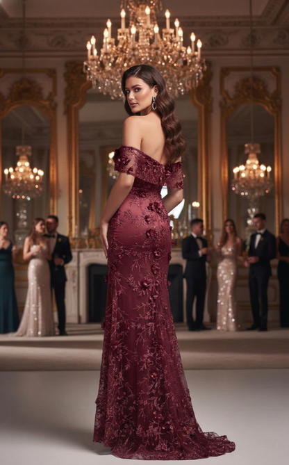 Off-the-Shoulder 3D Floral Lace Mermaid Prom Dress with Slit | Sevoba