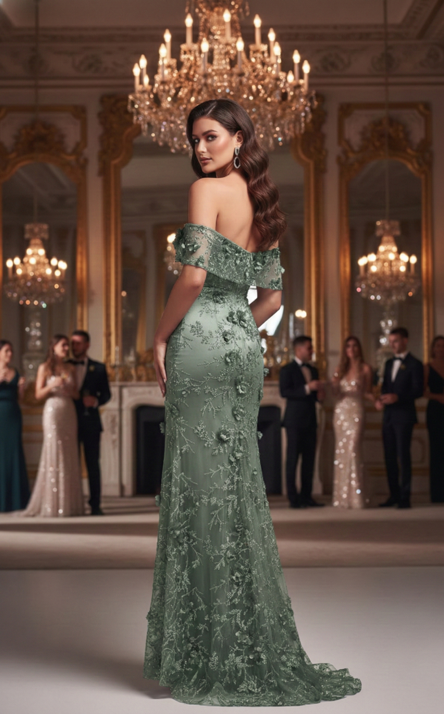 Off-the-Shoulder 3D Floral Lace Mermaid Prom Dress with Slit | Sevoba