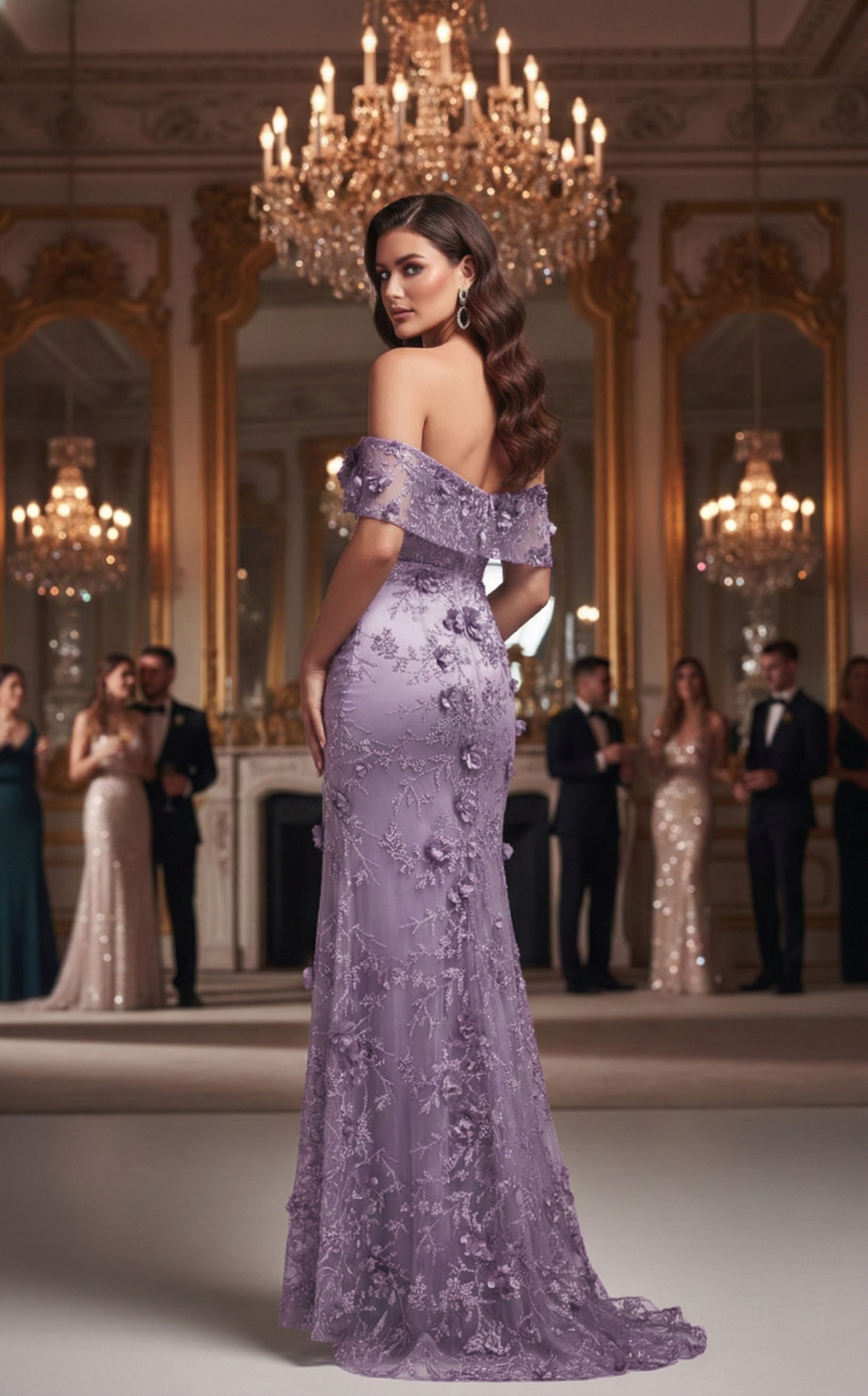 Off-the-Shoulder 3D Floral Lace Mermaid Prom Dress with Slit | Sevoba